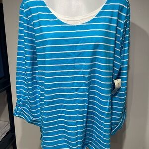 Studio Works Teal and White Striped Long Sleeve Top